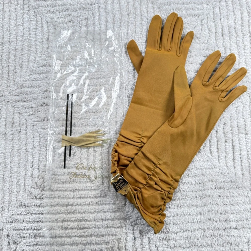 The Luxury Glove Vintage Nylon Dress Gloves Womens 6-7 Mustard Yellow Ruched 60s